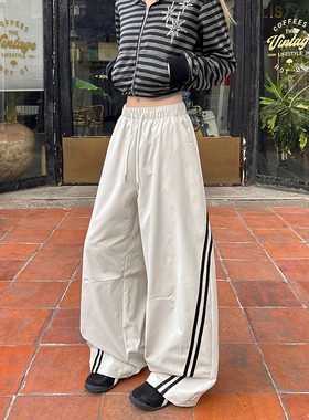 条纹阔腿休闲裤子男生2026春秋新款户外运动潮牌宽松直筒冲锋长裤