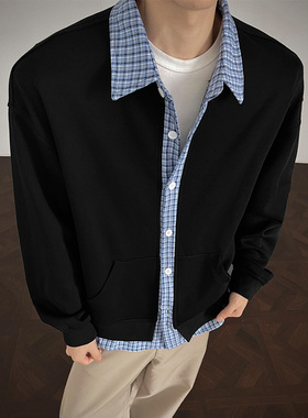 小尼力复古潮牌ins美式高级衬衫领拼条纹假两件卫衣男设计感潮流