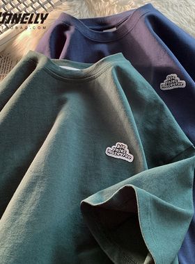 港风纯棉短袖T恤男夏季ins潮流打底衫设计感宽松纯色刺绣半袖体恤