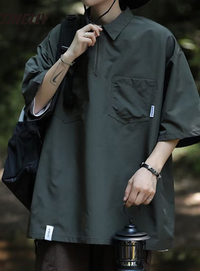 设计感小众半拉链工装黑色短袖衬衫男士夏季polo衫高级感休闲衬衣