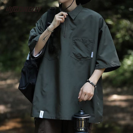 设计感小众半拉链工装黑色短袖衬衫男士夏季polo衫高级感休闲衬衣