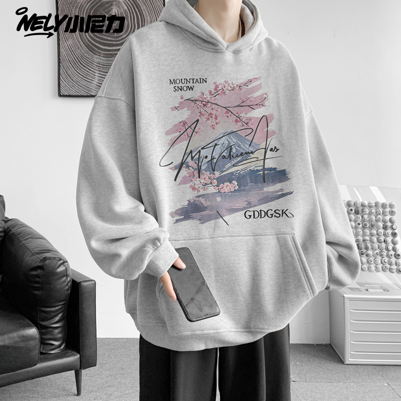 小尼力复古潮牌樱花连帽卫衣