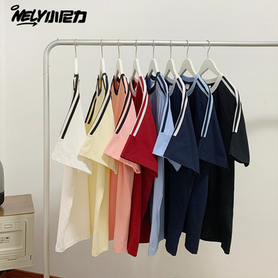 小尼力夏季美式三条杠短袖T恤