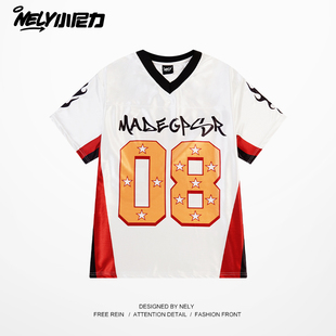 ins透气V领短袖t恤男女款夏季美式复古冰丝球衣潮牌街头运动体恤