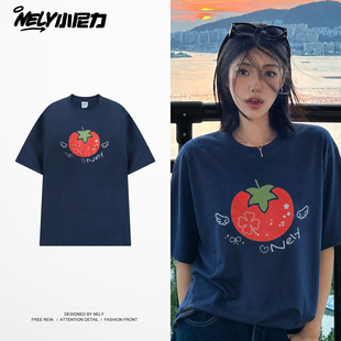 番茄小翅膀音符星星字母印花圆领短袖T恤藏青色复古休闲纯棉上衣