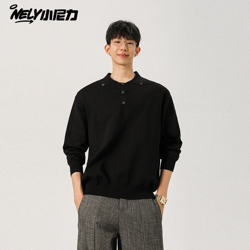 潮牌纽扣圆领针织衫毛衣