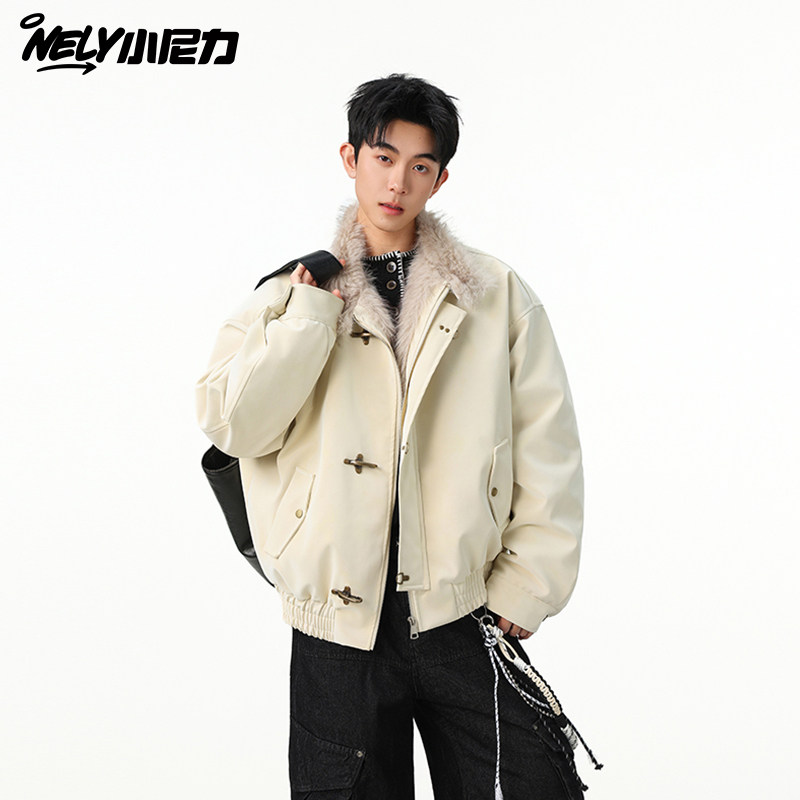 美式加绒羊羔毛工装棉服男冬季保暖加绒加厚毛绒机车服棉衣