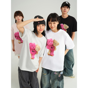 上衣 青年潮牌宽松情侣体恤百搭潮流半袖 卡通小熊短袖 t恤男女夏季
