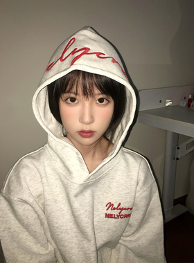 潮牌字母刺绣情侣帽衫男秋美式高街百搭连帽卫衣重磅宽松休闲外套