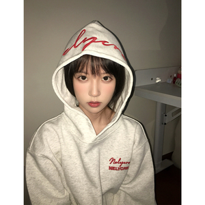 潮牌字母刺绣情侣帽衫男秋美式高街百搭连帽卫衣重磅宽松休闲外套