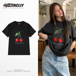港味chic宽松半袖 新款 体恤潮流 T恤男女2026夏季 简约樱桃印花短袖