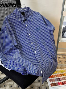 美式vintage格子长袖衬衫男潮牌新款宽松复古青少年休闲衬衣外套