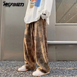 小尼力秋季潮古着vintage裤子男复古设计感花纹中国风阔腿休闲裤