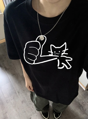 ins纯棉白色短袖t恤男女新款爆款夏季时尚猫咪卡通印花上衣体恤潮