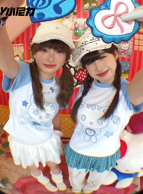 NELY小尼力创意猫咪爱心蝴蝶结插肩短袖t恤女夏短款修身显瘦半袖