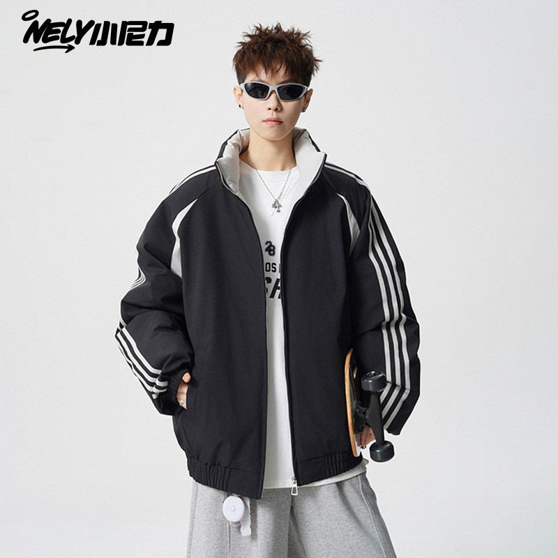 三条杠立体潮牌运动外套男生秋冬加绒条纹情侣夹棉加厚拉链上衣