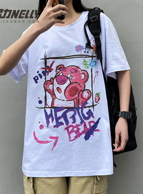 男生秋季上衣ins韩版潮流夏天款宽松港风涂鸦嘻哈短袖T恤男女bf风