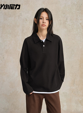 小尼力polo衫男士翻领长袖t恤男款春季黑色华夫oversize简约上衣