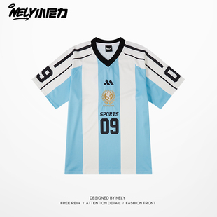 条纹运动短袖T恤男女款美式复古休闲冰丝球衣夏季宽松速干V领体恤