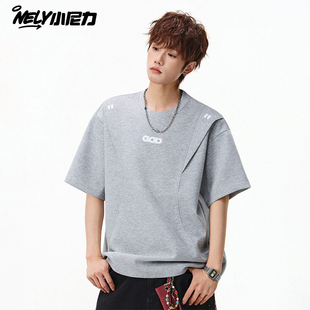 潮牌刺绣设计圆领半袖 T恤男春季 体恤 解构廓形立体剪裁短袖 ins美式