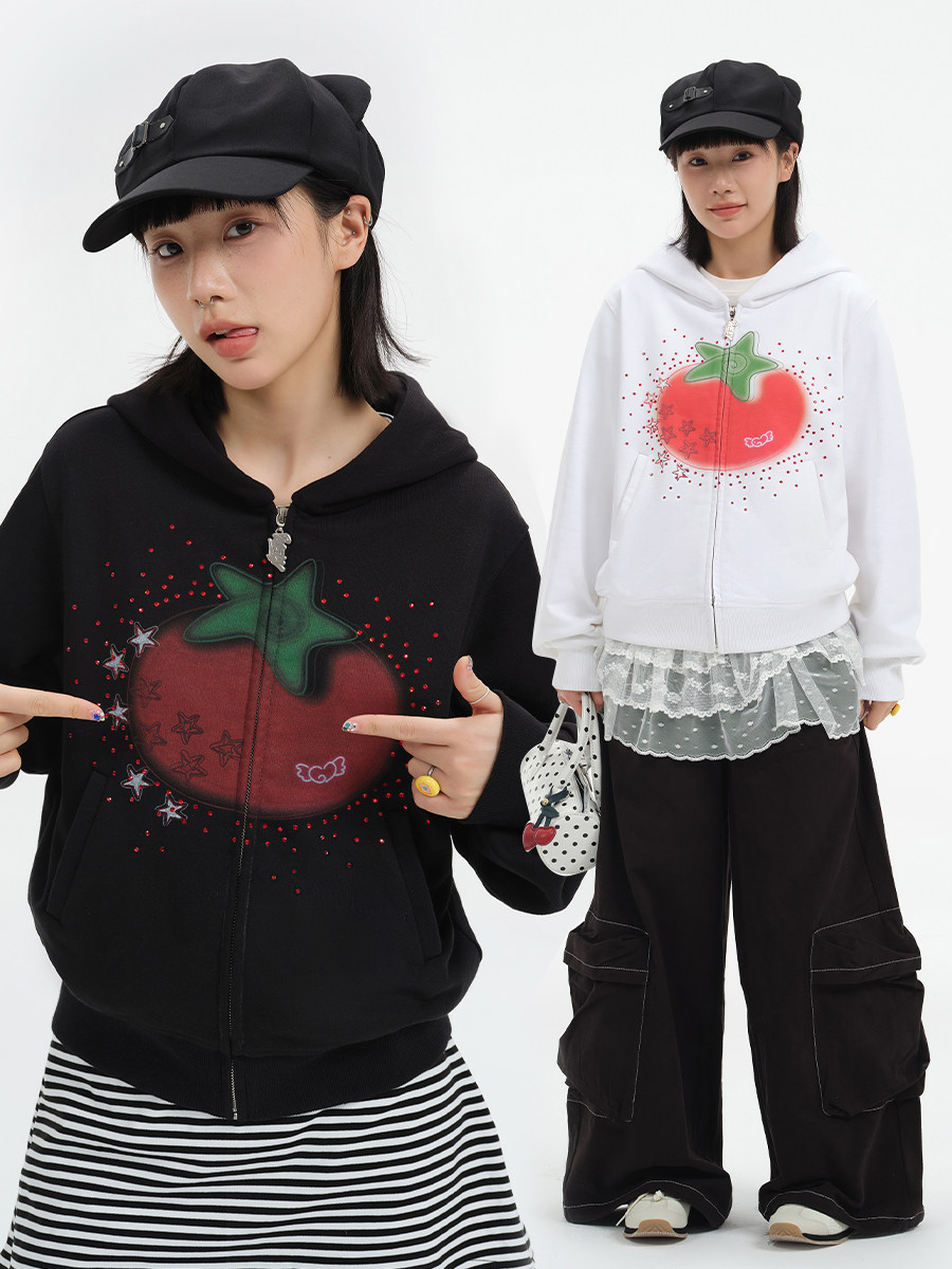 Spring New Creative Tomato Print Hooded Sweatshirt for Women with Rhinestones, Korean Style Lazy Coat