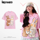 潮牌宽松半袖 t恤女男2026新款 上衣夏 复古vintage兔子纯棉短袖 美式