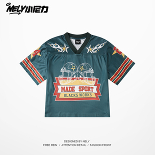 ins运动短袖T恤男女款美式复古休闲冰丝球衣夏季宽松速干V领体恤