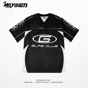 ins嘻哈美式短袖球衣男女宽松半袖Hiphop街舞套头V领印花上衣T恤