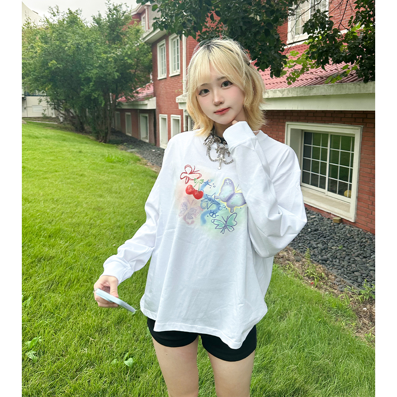 纯棉蝴蝶印花长袖T恤打底衫