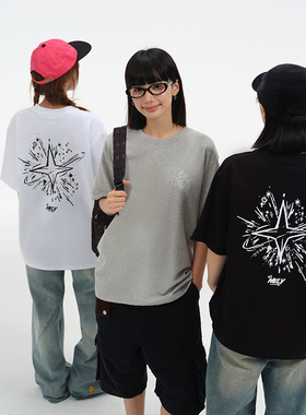 夏季2026新款美式重磅个性四芒星短袖T恤男女上衣服潮牌潮流半袖