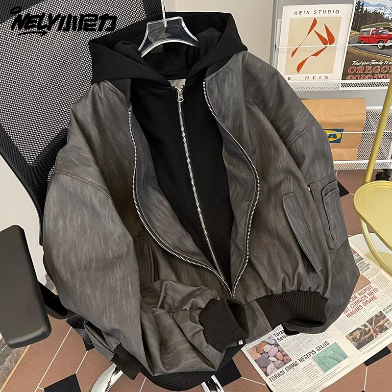 美式高街复古假两件连帽外套