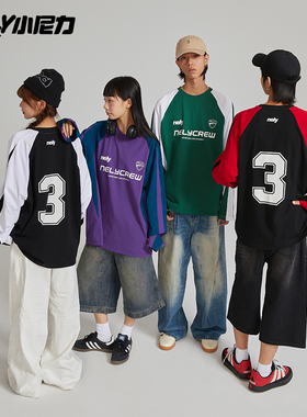 NELY小尼力索罗娜美式潮牌机车长袖t恤男女情侣宽松休闲拼接上衣