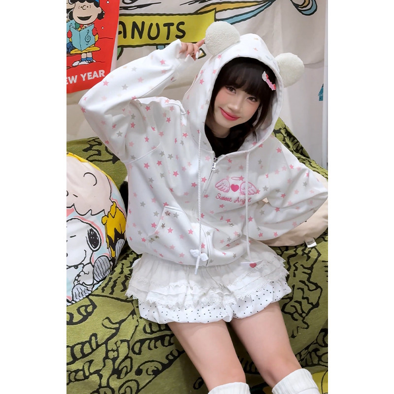 小尼力Y2K美式复古满印星星连帽拉链耳朵卫衣女拉链开衫短款外套,男装,卫衣,淘宝优惠券,粉丝福利购,淘宝优惠卷