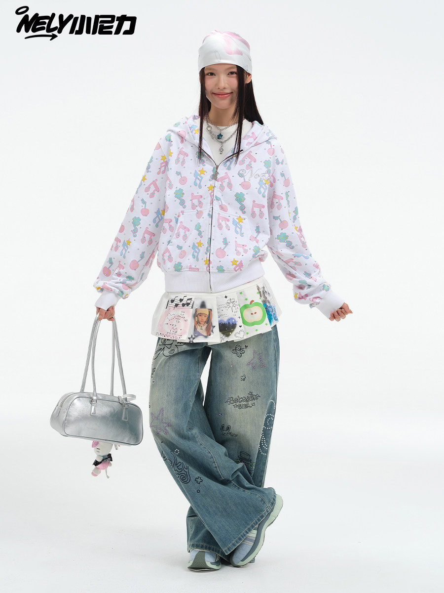 American Street Style Y2K Musical Note Rhinestone Youthful Hooded Sweatshirt Energetic Sweet Cool Cardigan Jacket