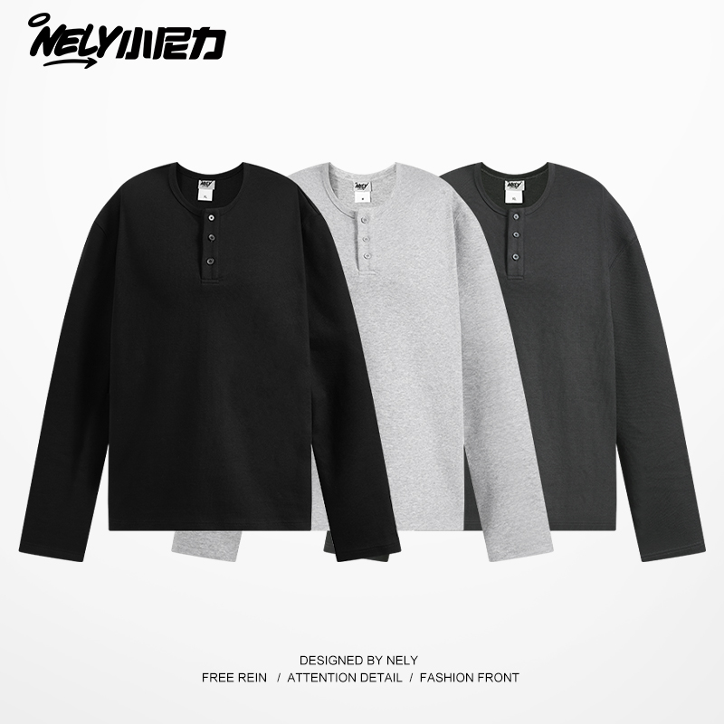 创意纽扣纯色长袖t恤潮牌圆领