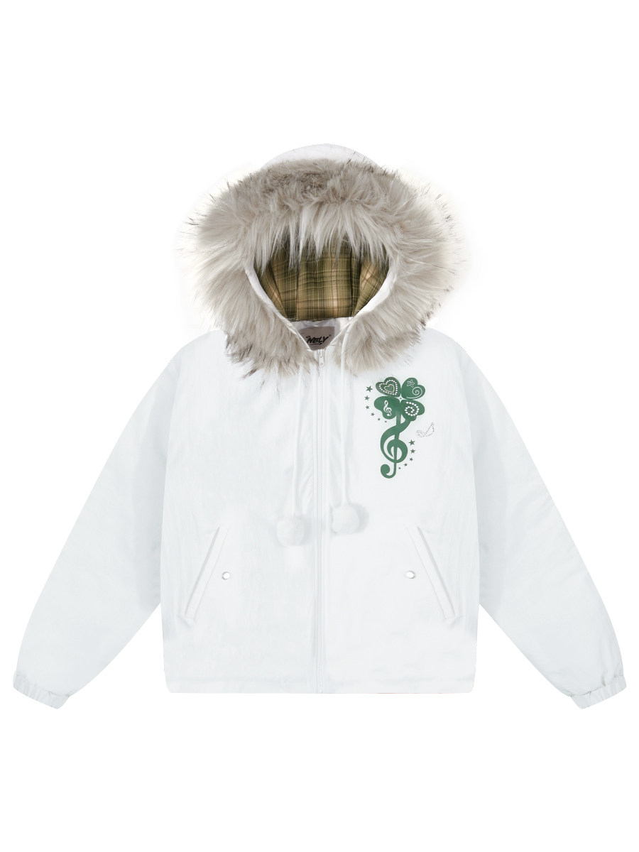 White Fur Collar Four-Leaf Clover Zipper Hooded Jacket for Men and Women, Warm Couple Style Fleece-Lined Coat, Trendy