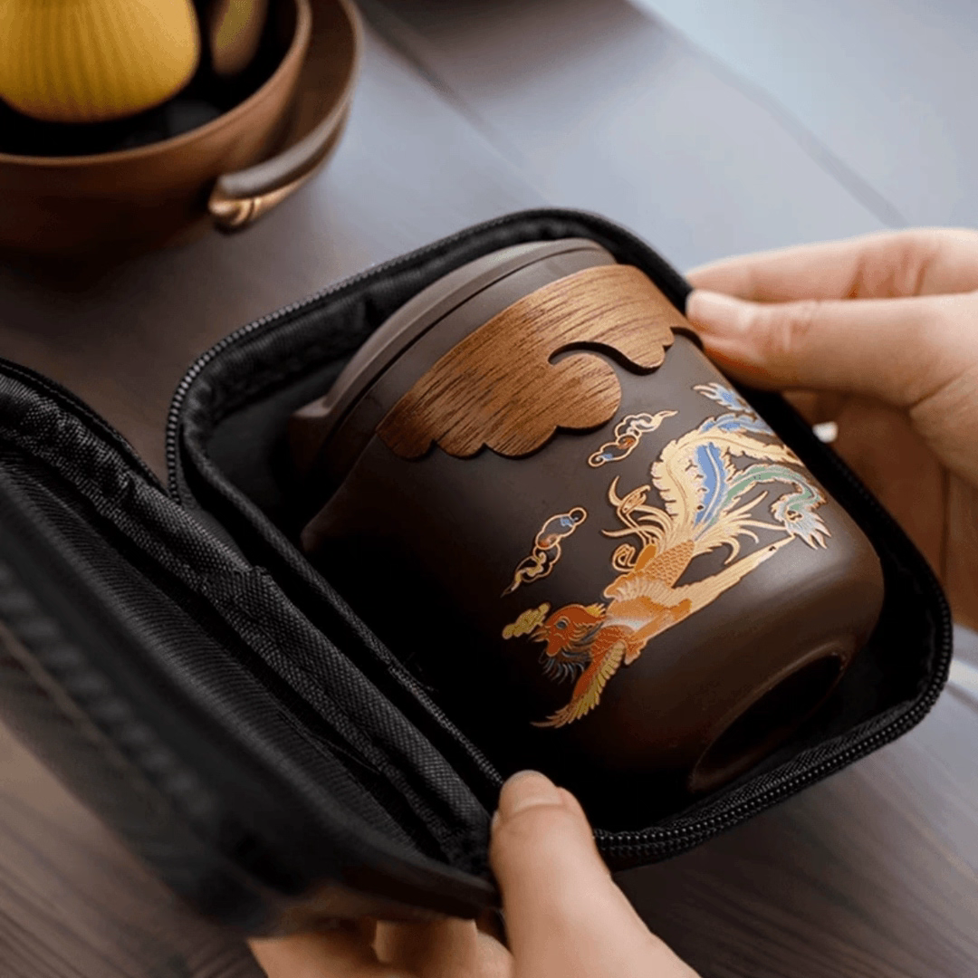 紫砂龙凤呈祥遇热变色茶杯收纳包便携式快客杯旅行茶具茶壶收纳包