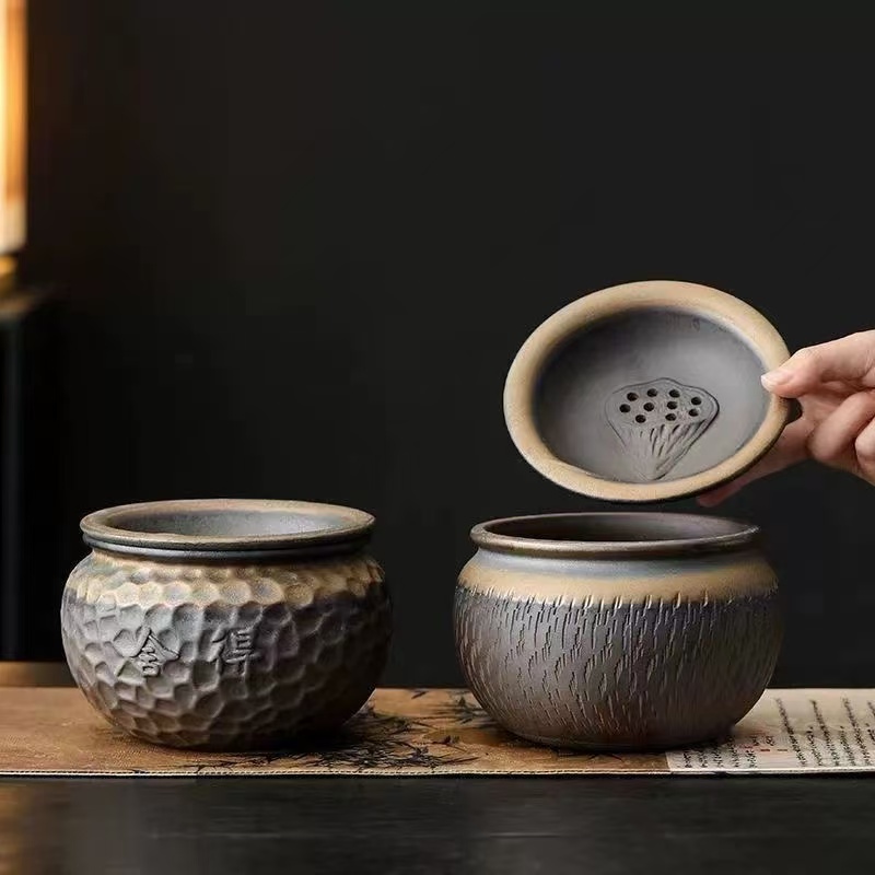 粗陶鎏金铁釉建水窑变茶洗家用带盖茶渣缸水盂废水桶复古茶水缸