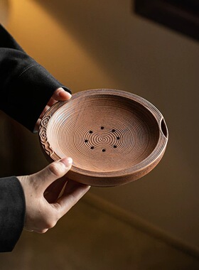 中式复古粗陶储水干泡紫砂老岩泥砚台蓄水壶承.06822.