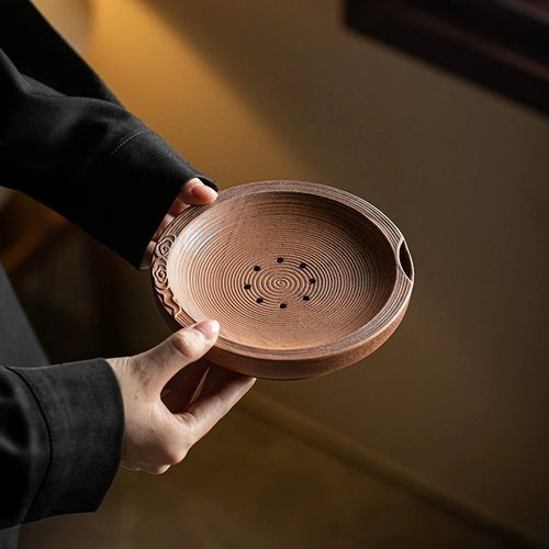 中式复古粗陶储水干泡茶盘