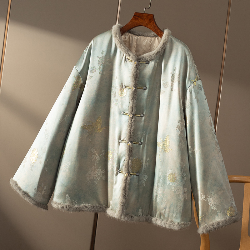 HH￥1690 秒！春天家新中式真丝拼水貂90鹅绒羽绒服外套女9N05