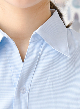 包邮浅蓝斜纹衬衫短袖女修身收腰V领隐纹衬衣职业装OL工服