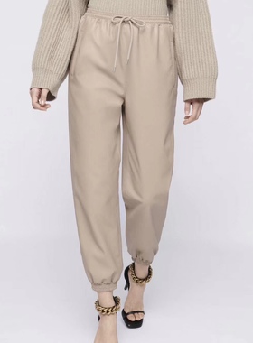 23秋冬新款Stell@mccartney环保皮松紧腰抽绳运动休闲束脚裤