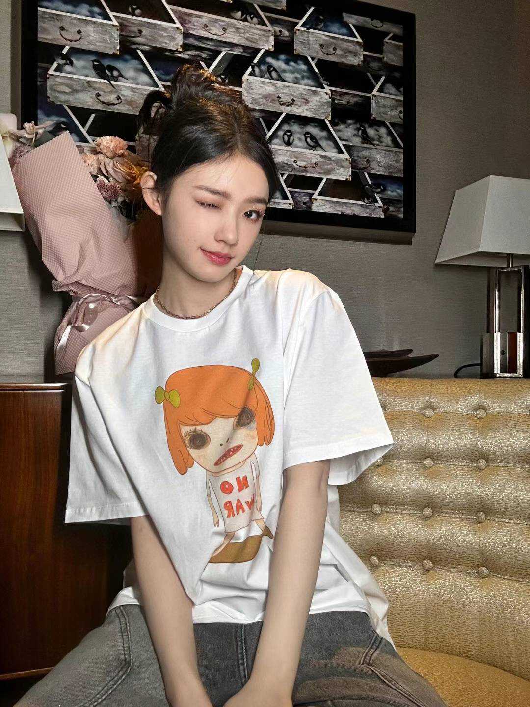 少量尾!设计师联名限量款 林允吴昕同款 美智娃娃印花落肩短袖T恤
