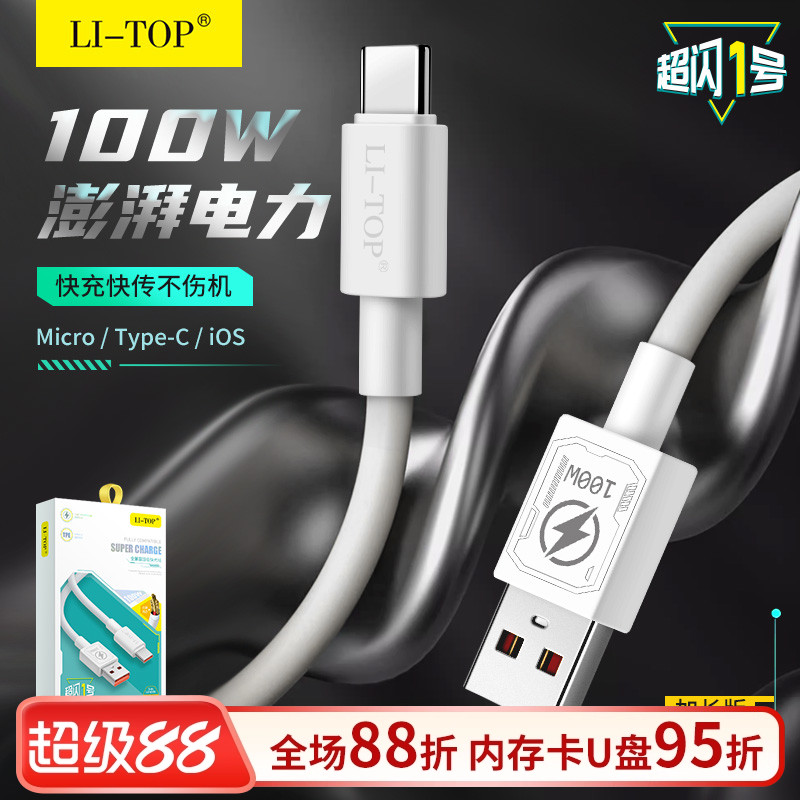 力拓1.2m单头100WType-C快充电线