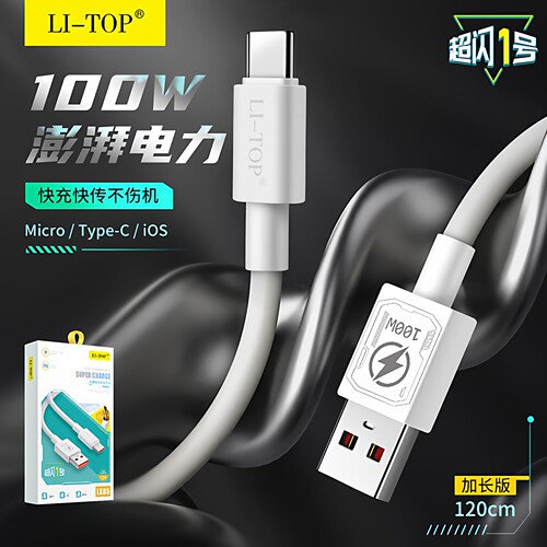 力拓1.2m单头100WType-C快充电线