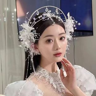 新娘头饰韩式仙美圣女冠森系超仙水晶流苏花朵发箍高级感婚纱配饰