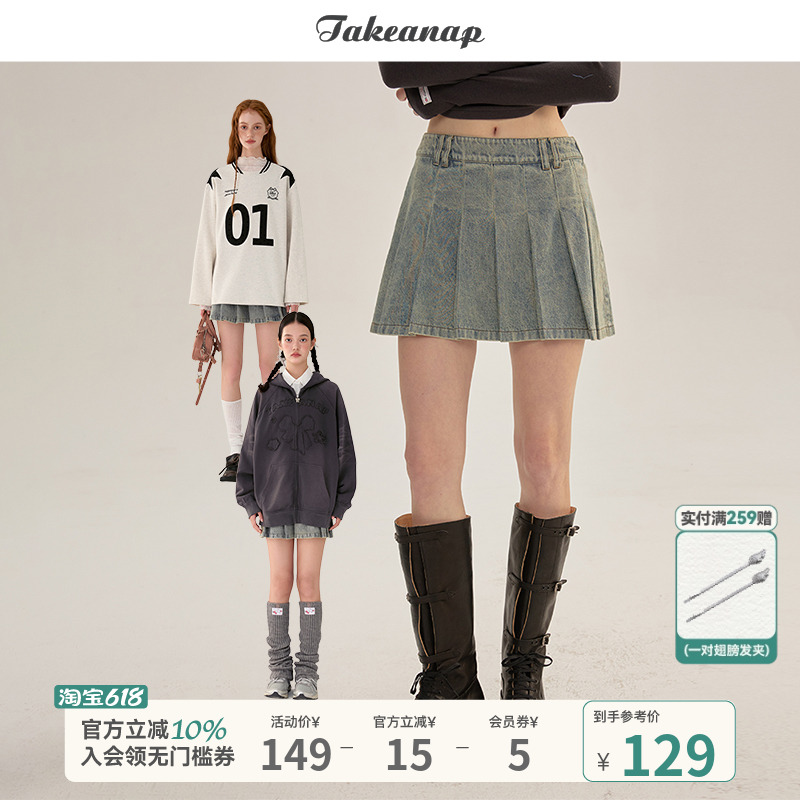 TAKEANAP午睡 短款牛仔百褶裙女新款复古做旧水洗A字学院风半身裙