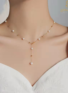 娣沙珍宝■原创设计 满天星天然6-7MM珍珠进口14K注金项链锁骨链