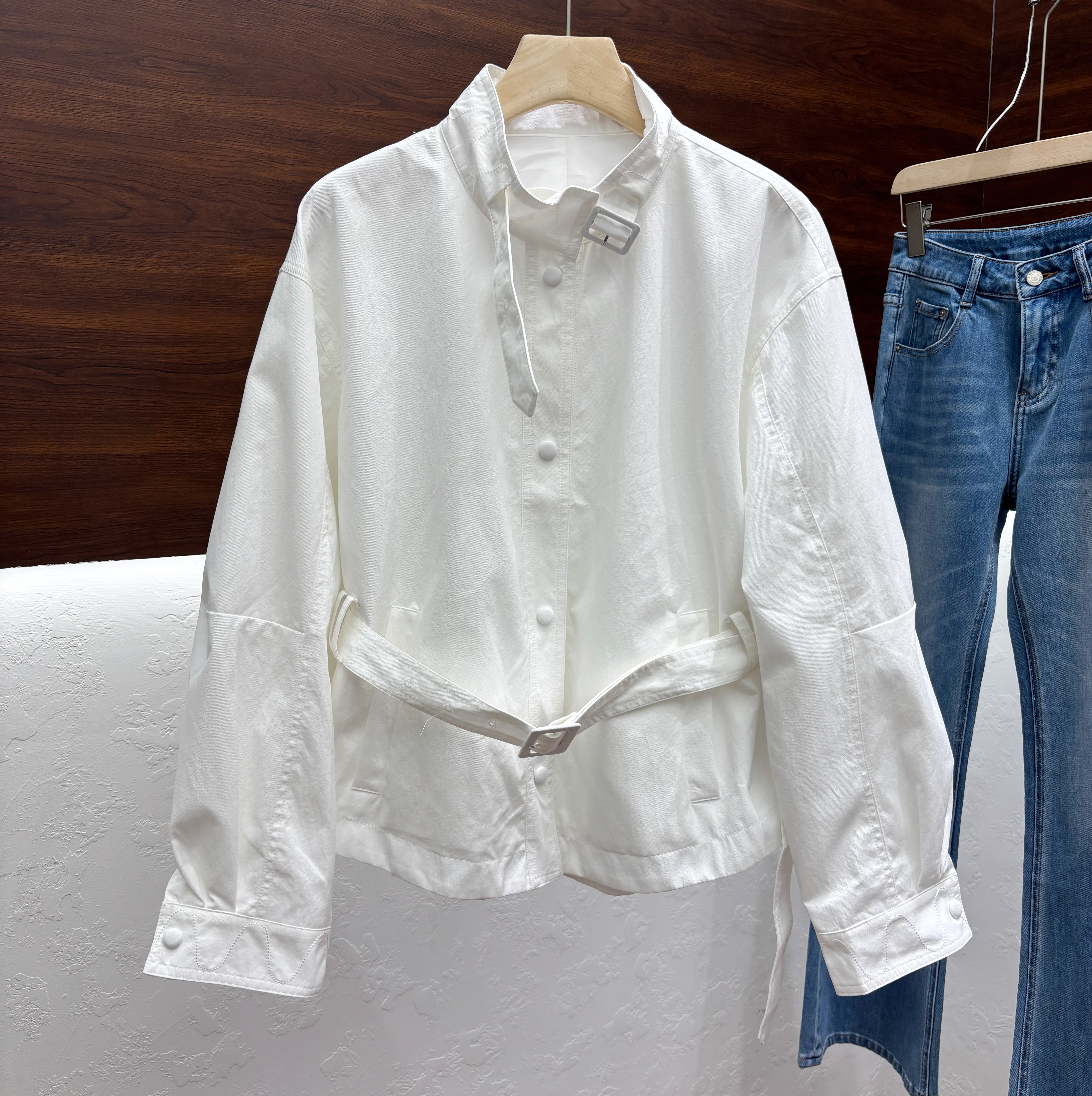 时尚通勤长袖腰带修身立领防风2026年春季新款女装外套衬衫约1007